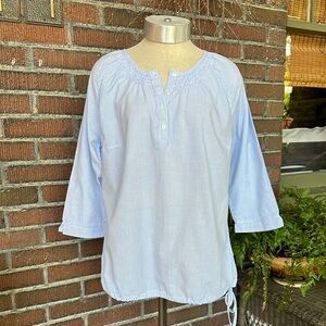 LL Bean blue/white stripe 3/4 sleeve popover top w/smocking/drawstring hem. Sz S